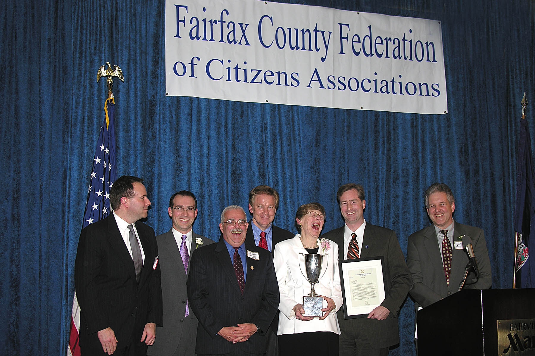 Copyright  2007 by FCFCA,  Washington Post Representative Ruben Rodriguez, Fairfax County BOS Chair Gerry Connolly, Representative Thomas M. Davis, Federation 2006 Citizen of the Year Sally Ormsby  laughing), Delegate David Bulova, & Federation President John Jennison