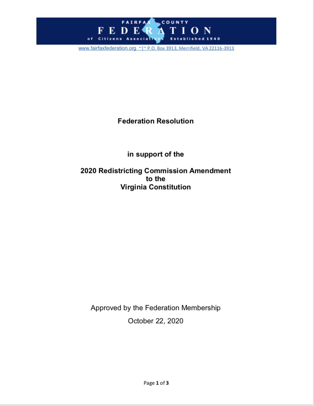Resolution Supporting Redistricting Constitutional Amendment Approved 22 October 2020
